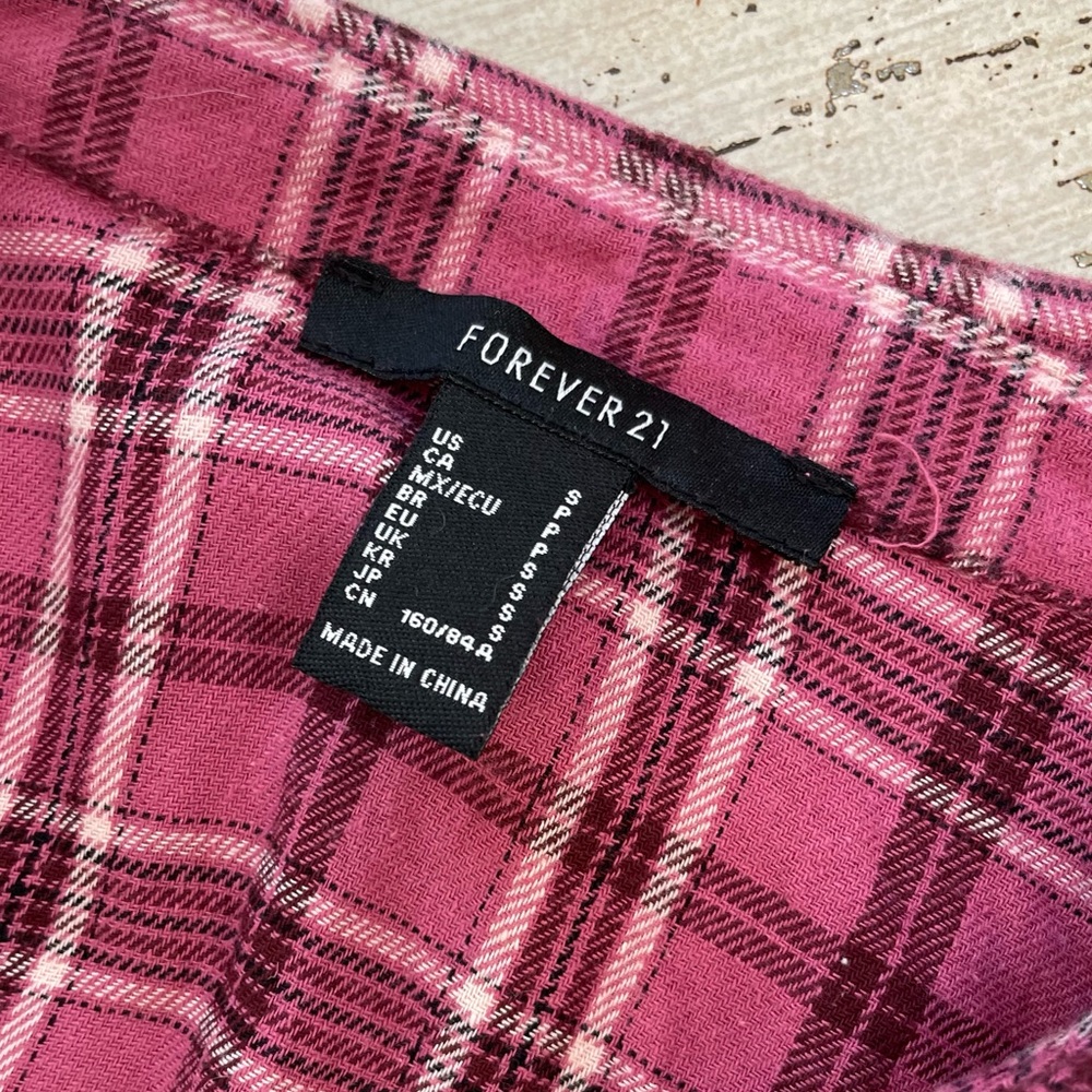 FOREVER 21 Grunge Pink Black Flannel Snap Shirt Plaid Wrap Mini Dress S - Picture 3 of 3